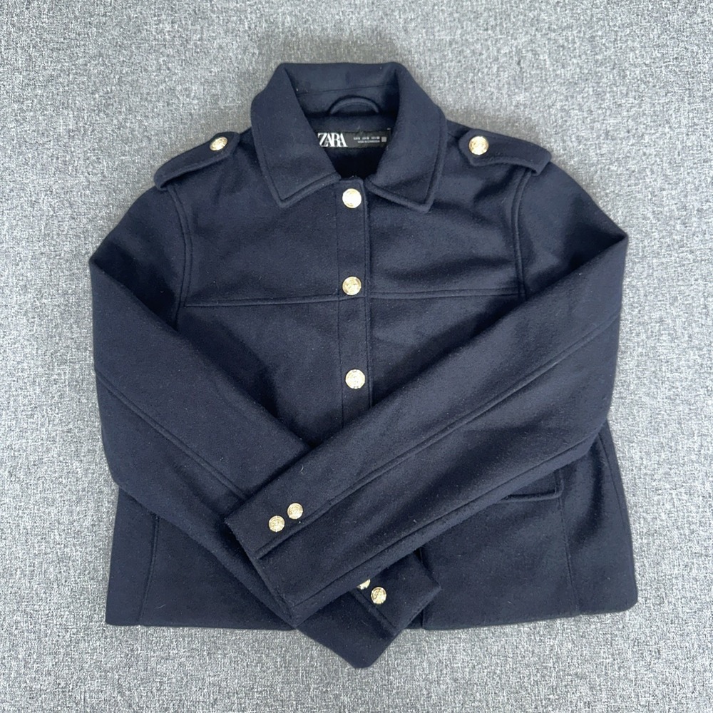 Zara Womens Jacket Small Navy Military Button Coat Structured Gold Buttons
